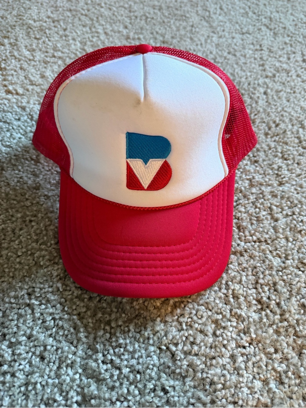 Kids Red and White Trucker Hat with Blue & Red Patch